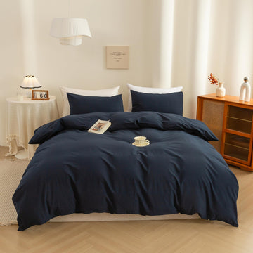 Cotton 3 Pcs Duvet Cover Set Linen Feel Navy Blue King