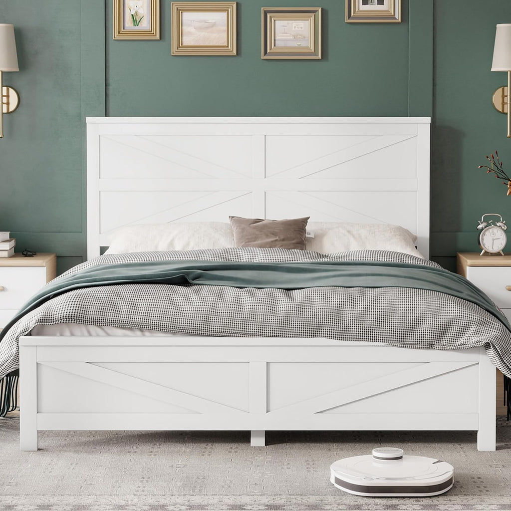 Farmhouse Queen Platform Bed Frame with Headboard and Footboard, Pinewood Bed Platform with Slat Support, No Box