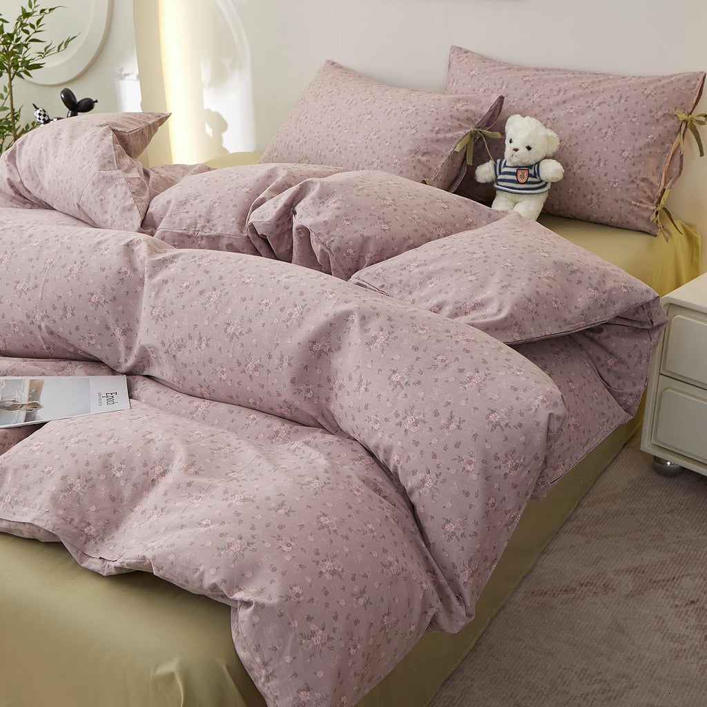 Boho Comforter Set King Size Floral Bedding Sets Soft Cotton Farmhouse Mauve Flower Comforters Fluffy with 2 Bowknot