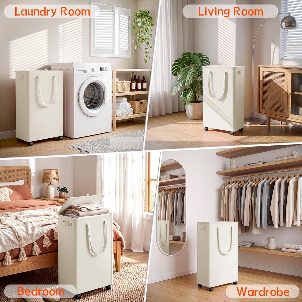 Slim Laundry Hamper with Wheels,15 Gal (55L) Rolling Laundry Basket with lid and wheels Clothes Hamper Foldable Tall