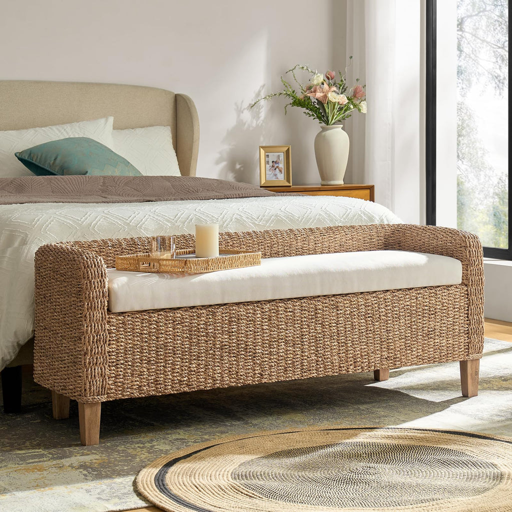 57" Rattan Storage Bench, Boho Wicker Bedroom Bench, Natural