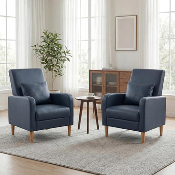 Mid-Century Modern Upholstered Accent Chair with Back Pillow & Solid Wood Legs, Leather Cozy Armchair, Reading Nook - Set of 2