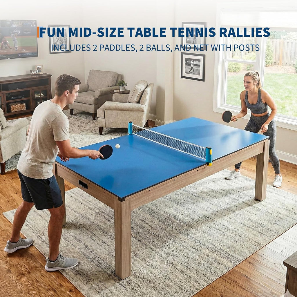 7 ft Pool Table Combo,3 in 1 Pool, Dining, & Table Tennis with Full Accessories,HDF Wood Grain Finish & Chrome Accents