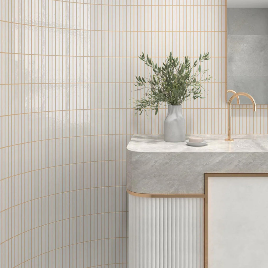 Scandia Glossy White 4.5x9 Ribbed Porcelain Wall Tile, 3D KitKat Fluted Decorative Tile Backsplash, Bathroom, Shower