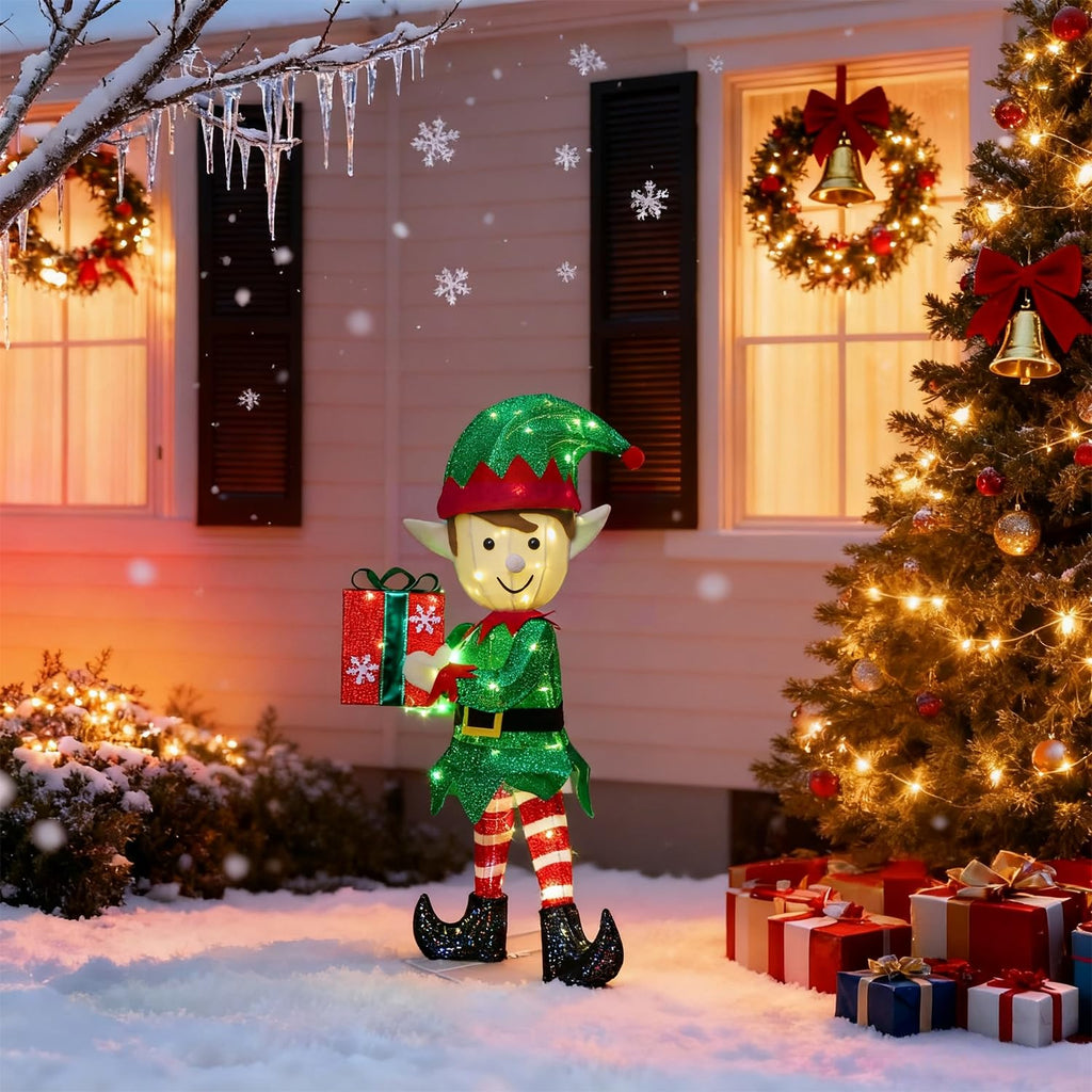 Lighted Christmas Outdoor Decor, 38" Height Pre-Lit 3D Tinsel Xmas Green Elf Figure, Light Up Xmas Yard Displays