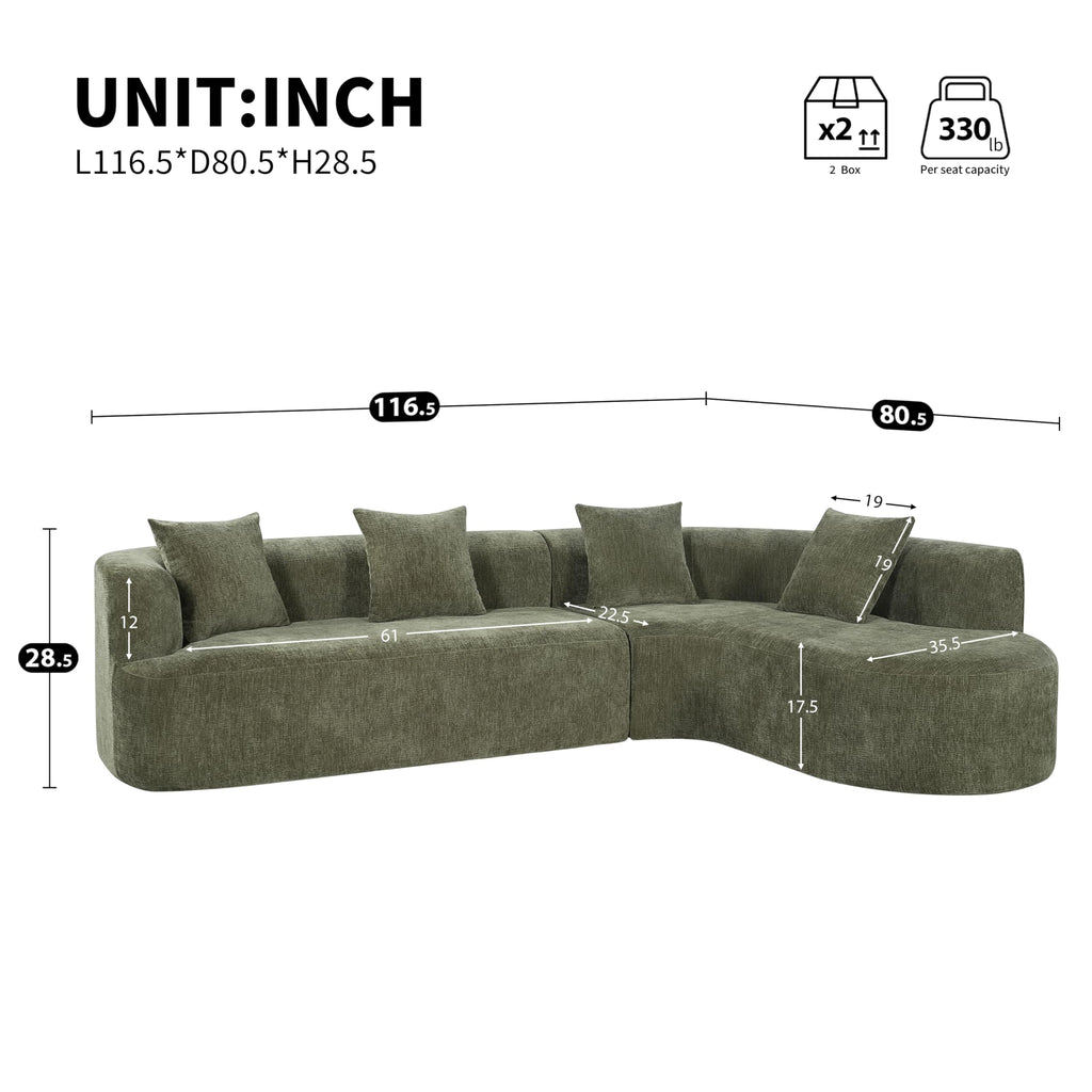 116.5 Inch Boneless Curved Cloud Sectional, Oversized L Shaped 4 Seater Chenille Modular Couch with High Resilience