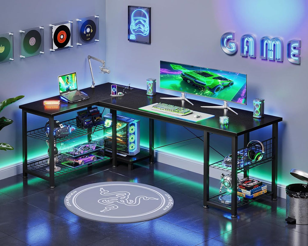 59 Inch L Shaped Gaming Desk with Shelves & Power Outlets | Black Reversible Computer Desk with Storage Shelves