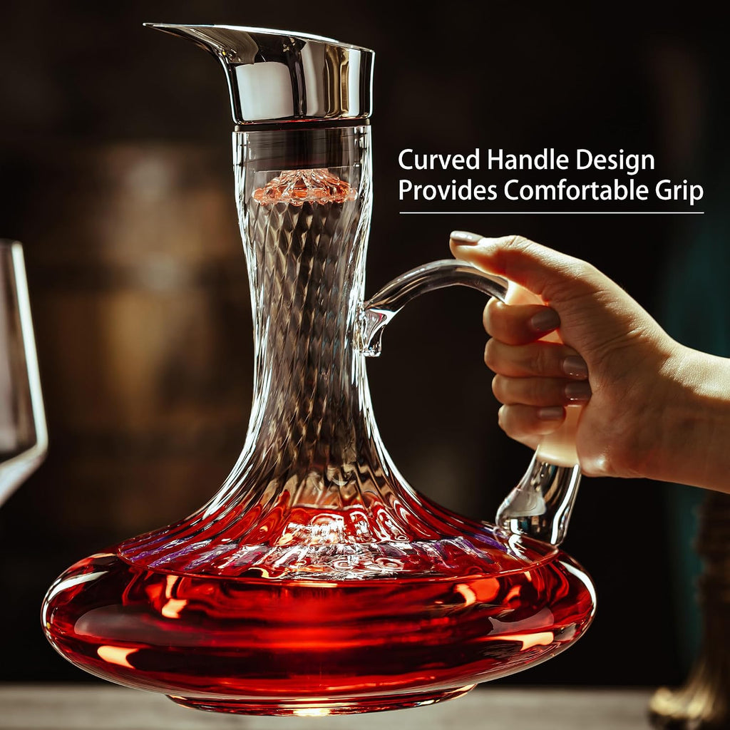Hand Blown Wine Decanter, 60oz Large Red Wine Decanter With Aerator, Lead-free Striped Glass Carafe, Cute Wine