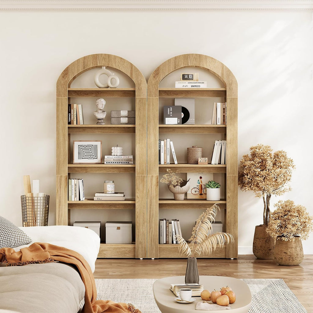 5-Tier Bookshelf, Arch-Shaped Racks, Tall Standing Wooden Bookcase Display Shelf Modern Storage Solution (2, Teak