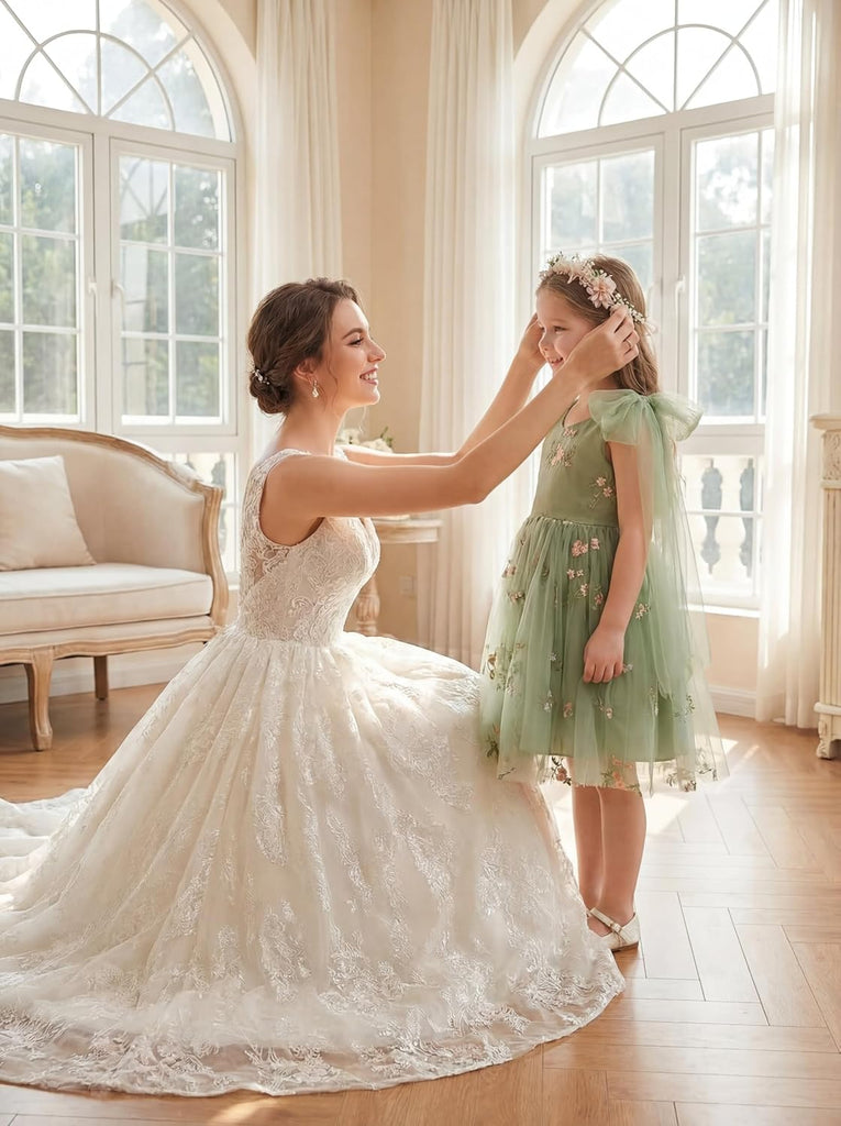 Flower Girl Dress Floral Embroidered Toddler Girls Dresses Fairy Tulle Dress for Wedding Birthday Party Photo Shoot