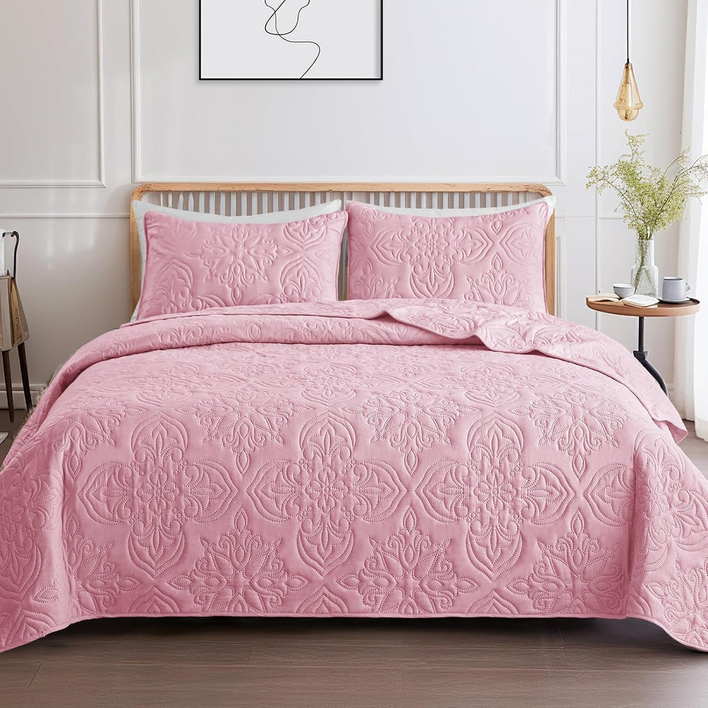 Soft Queen Quilt Bedding Set for All Seasons, Vintage Damask Ultrasonic Full Quilts Set, Lightweight Reversible
