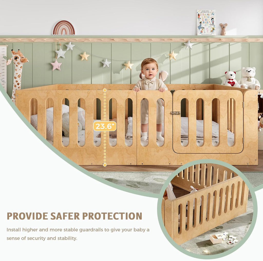 Wood Montessori Floor Bed Frame with High Fence, Natural