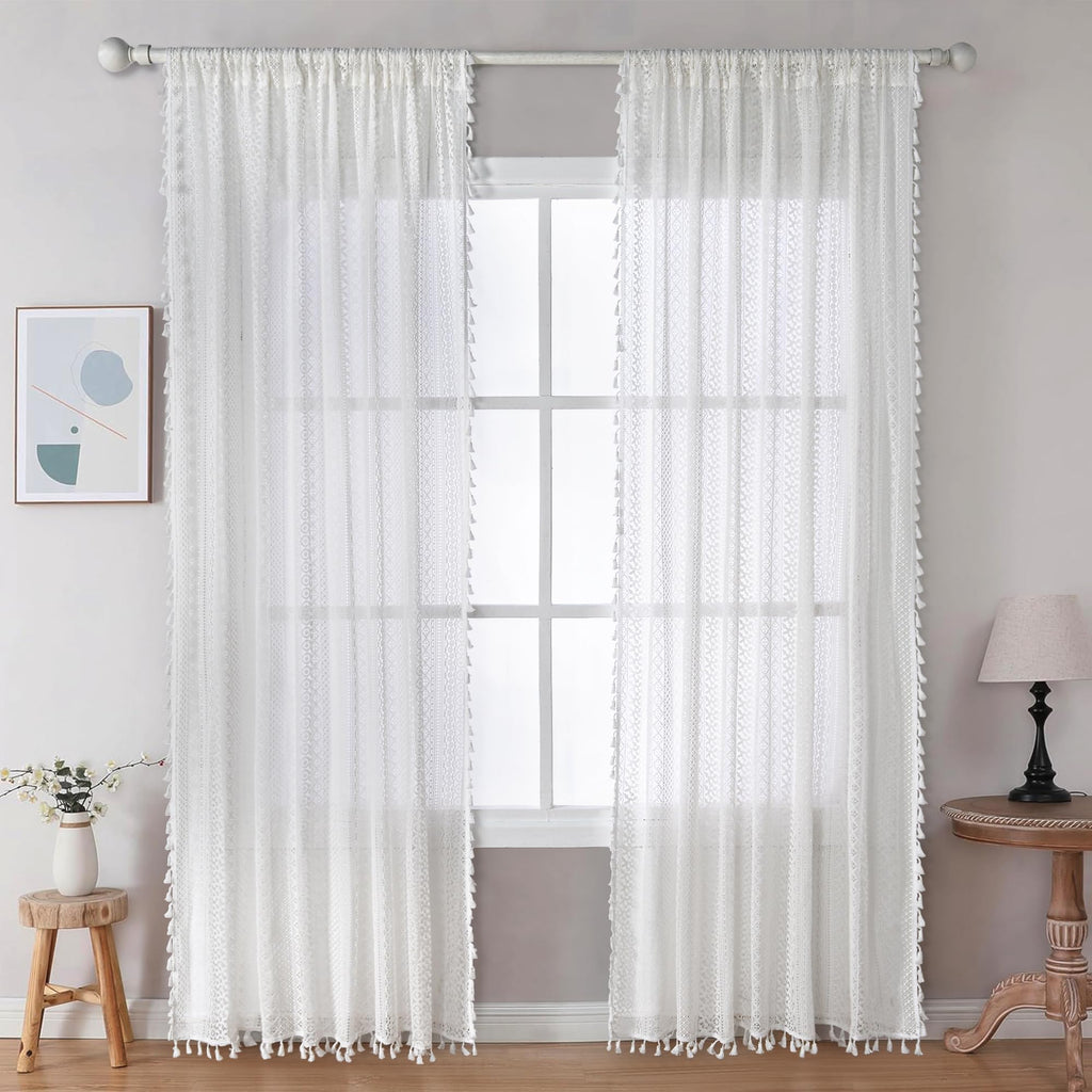 Crochet Boho Lace Sheer Curtains 2 Panels Macrame Farmhouse Vintage Bohemian Window Drapes 59 x 84 Inches Living Room