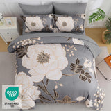 Luxudecor Floral King Comforter Set 7 Pieces Bed in a Bag, White Flower Print on Grey Bedding Set