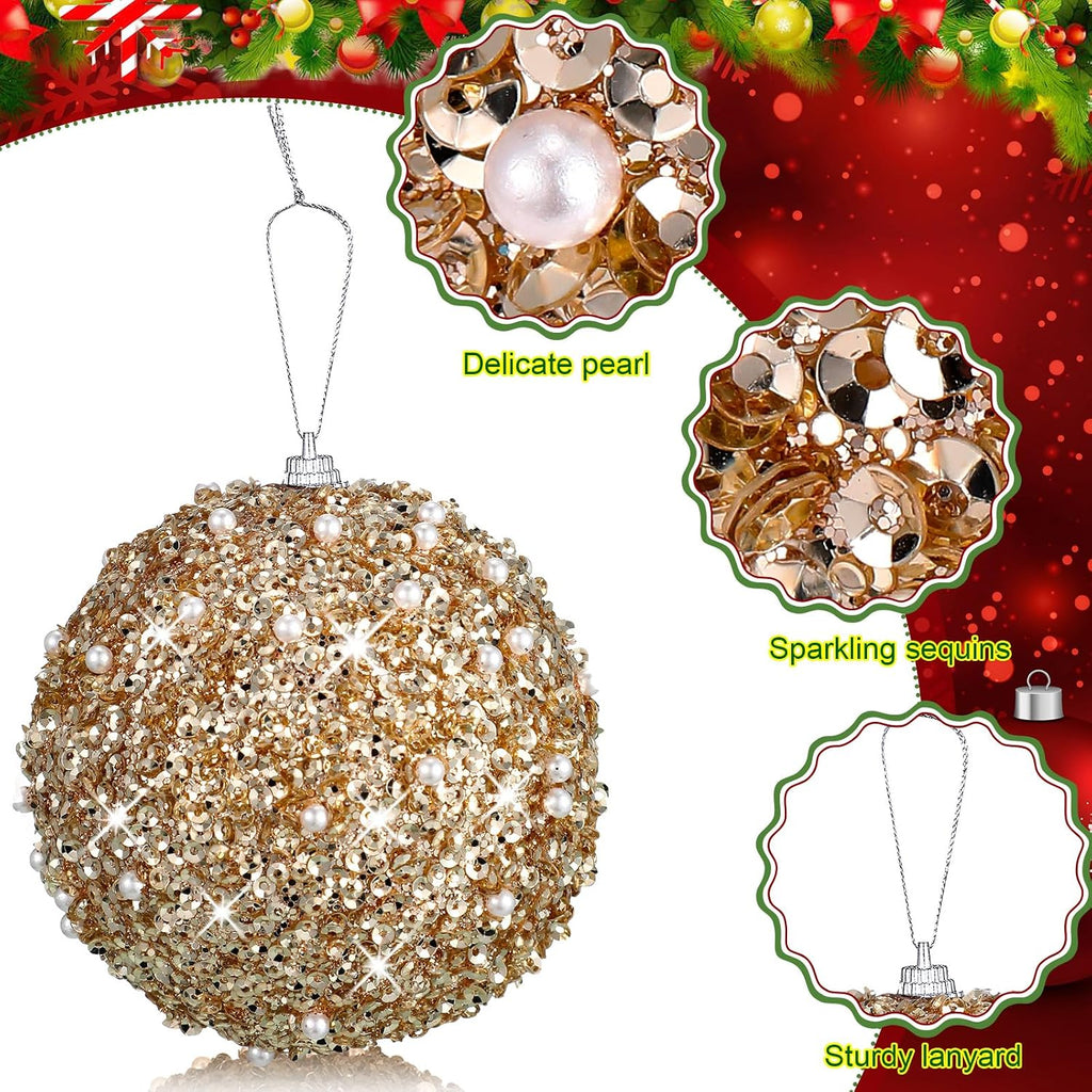 8 Pcs Christmas Ball Ornaments Glitter Sequin, Champagne, 3.15 Inch