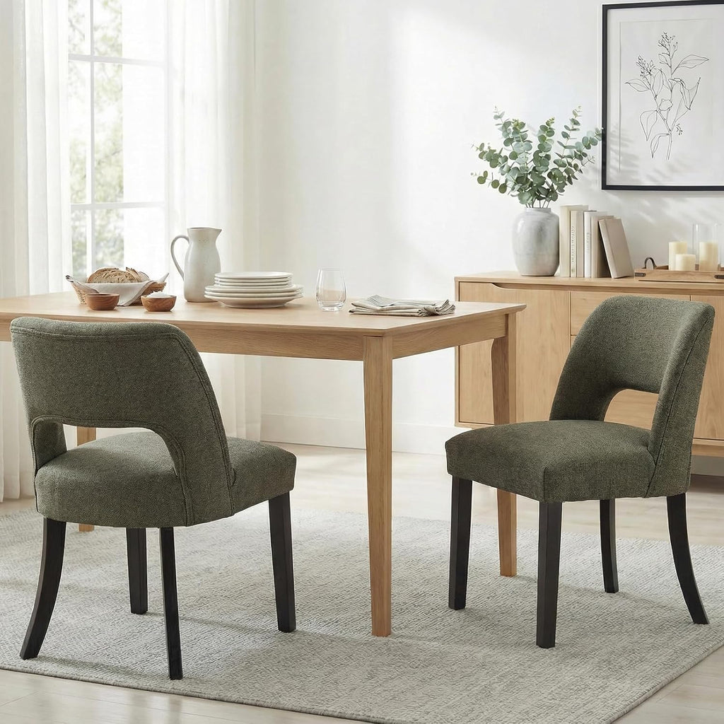 Wooden Dining Chairs Set of 2, Mid-Century Modern Fabric Upholstered Kitchen Chairs with Foot Pegs, Green