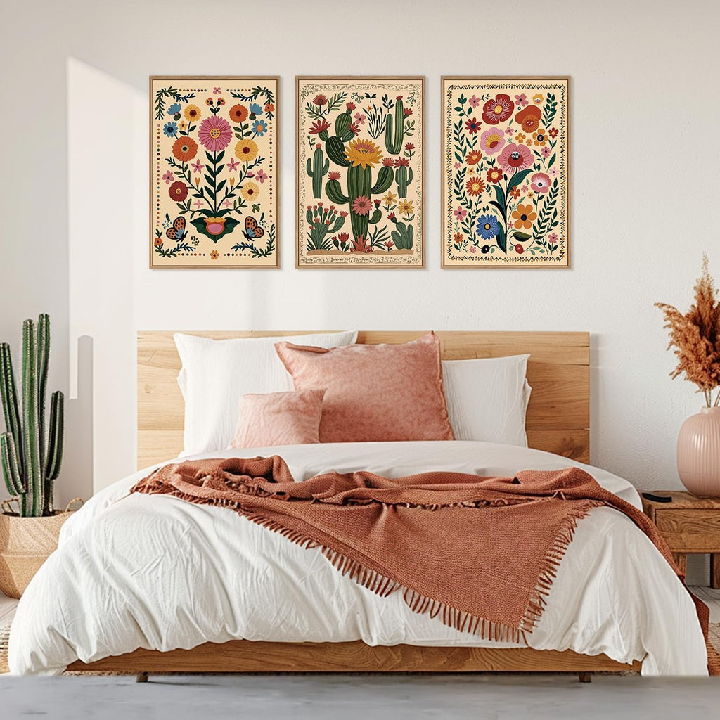 Boho Wildflower Wall Art Canvas,Mid Century Floral Wall Art,Butterfly Flower Artwork Watercolor,Cactus Framed
