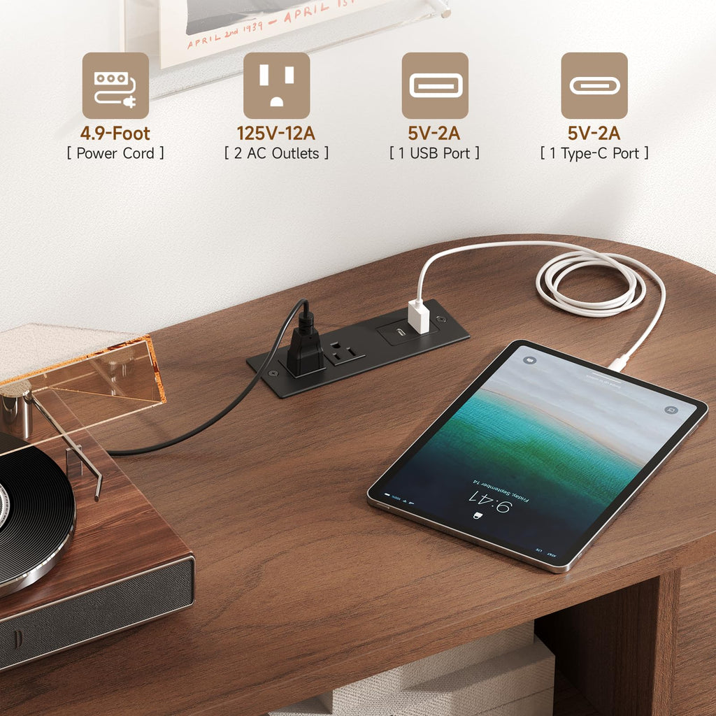 69" Large Round Record Player Stand with Charging Station, Walnut