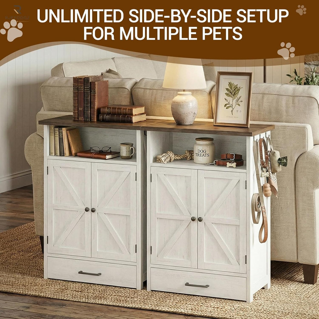 Dog Feeding Station with Storage, Rustic Barn Door Dog Food Cabinet with Pull-Out Stainless Steel Bowls, Pet Feeding