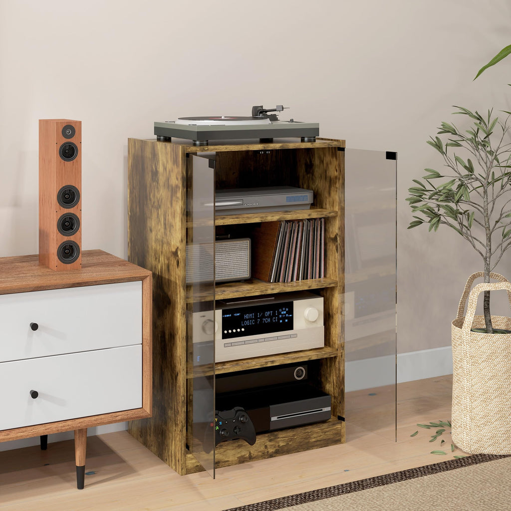 Media Cabinet, 4-Tier Stereo Cabinet, Modern Audio Video Media Stand with Adjustable Shelves, Tempered Glass Doors