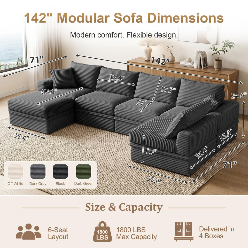 142" Oversized Modular Sectional Cloud Couches, Corduroy 6-Seat Large Upgraded Boneless Couch with Ottoman Chaise