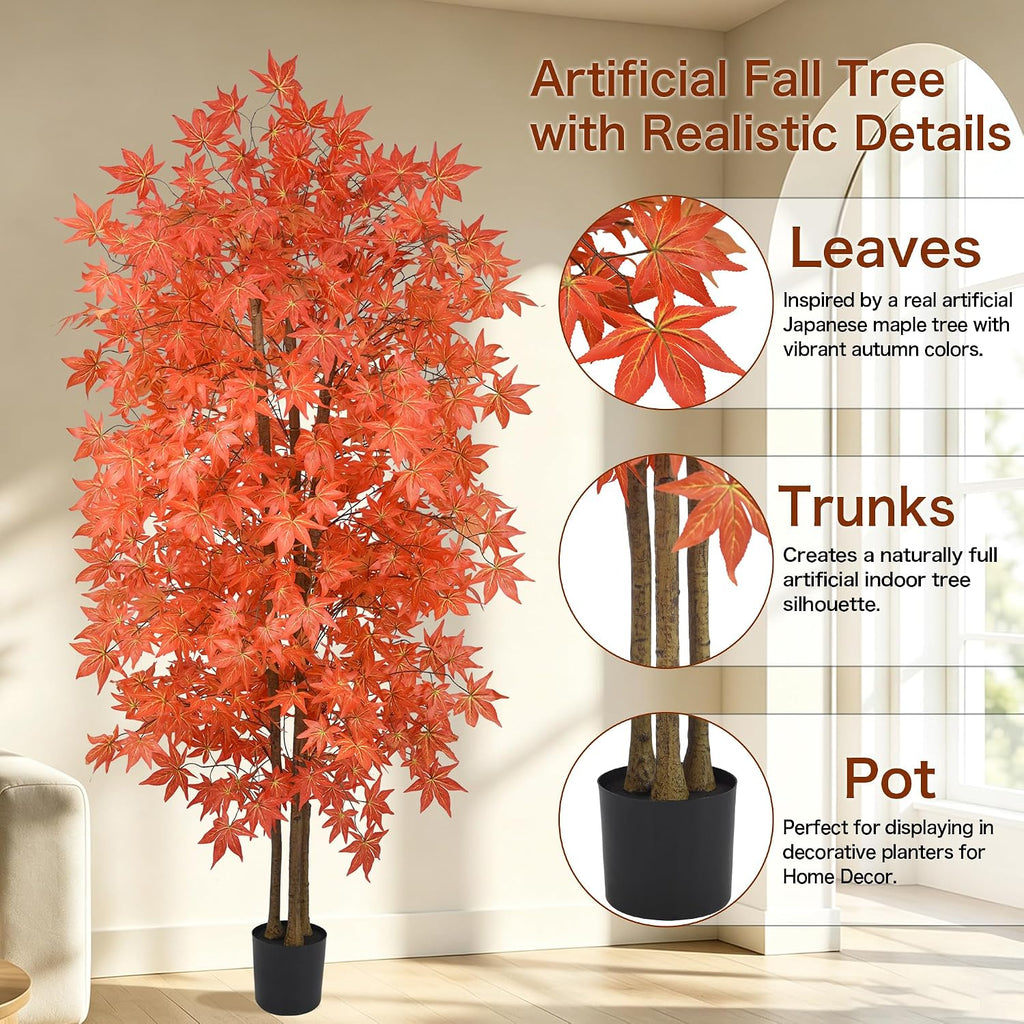 7FT Artificial Maple Trees, Tall Faux Autumn Tree Indoor with Lifelike Red Orange Leaves Realistic Fall Tree with Pot