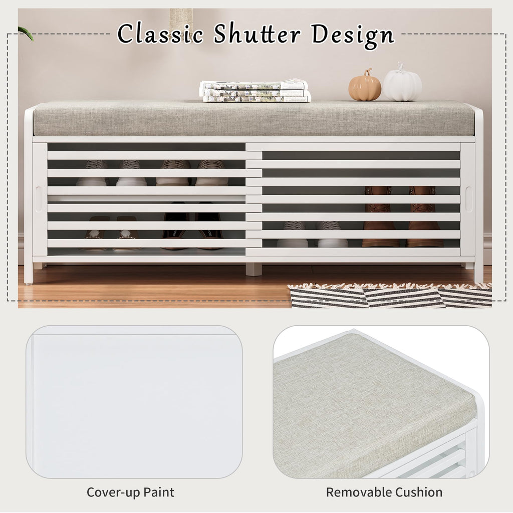 Shoe Bench with Storage and Cushion, Farmhouse Distressed Shutter Storage Bench with Retro Charm, White