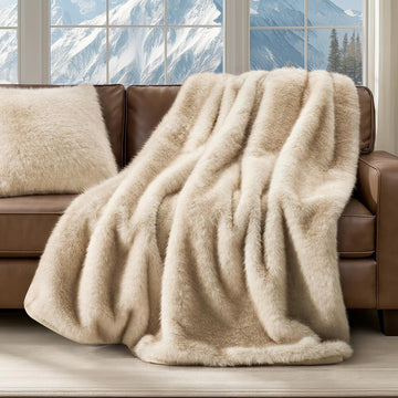 Luxury Faux Fur Throw Blanket, 50"x60", Tipped Golden Fox | Fluffy Faux Mink Blanket, Soft Cozy Plush, Thick Warm