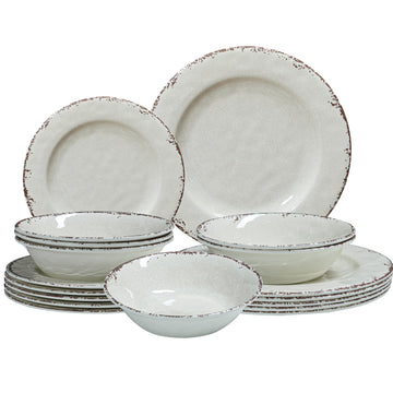 Rustic Farmhouse Melamine Dinnerware Set for 6, Dishwasher Safe, Creamy White