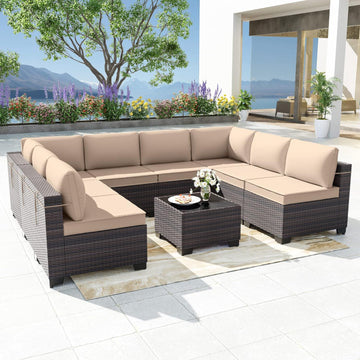 9 Pieces Patio Furniture Set, Rattan Wicker Outdoor Conversation Sets w/4 Inch Cushion and Glass Coffee