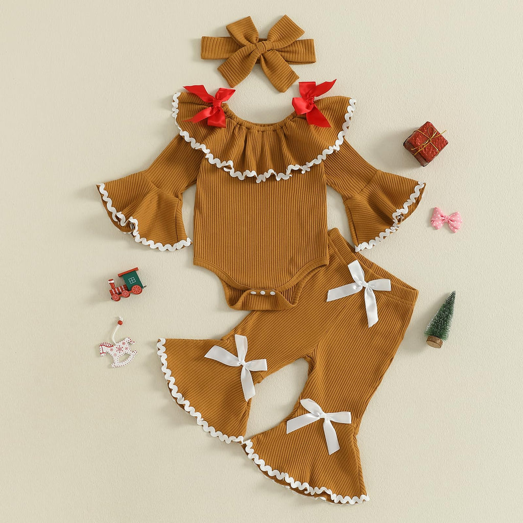 My First Christmas Baby Girl Outfit Newborn Onesie Ribbed Knit Gingerbread Romper Bell Bottoms Set Infant Clothes (F