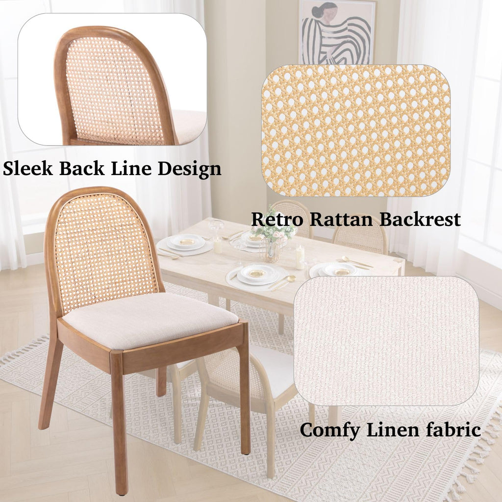 Modern Linen Dining Chairs Set of 6, Natural Woven Rattan Cane Back Side Chairs with Solid Wood Legs Mid Century