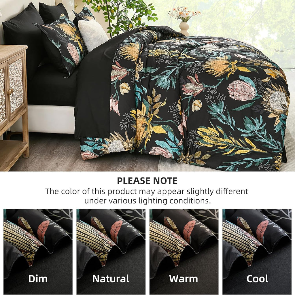 Luxudecor Queen Comforter Set 7 Pieces Bedding Sets, Black Floral Comforter and Sheet Set