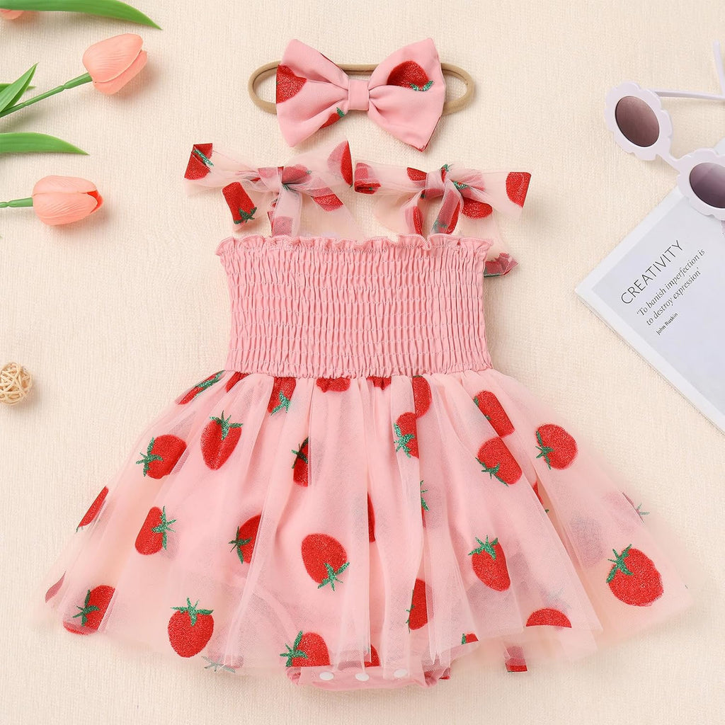 Baby Girls Toddler Kids Bowknot Strap Smocked Tulle Tutu Princess Dress with Headband Set Birthday Party Outfits