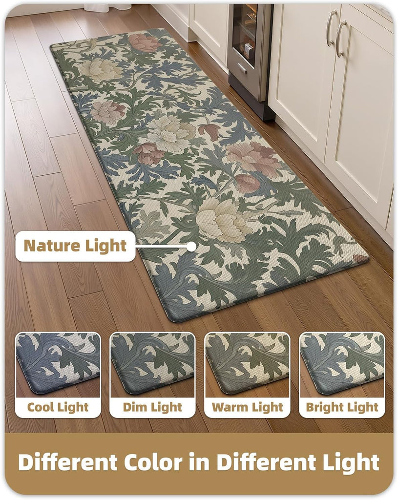 Natural Floral Kitchen Mat 24x59 Anti Fatigue, Multi Color | 0.4in Thick Cushioned Standing Mat For