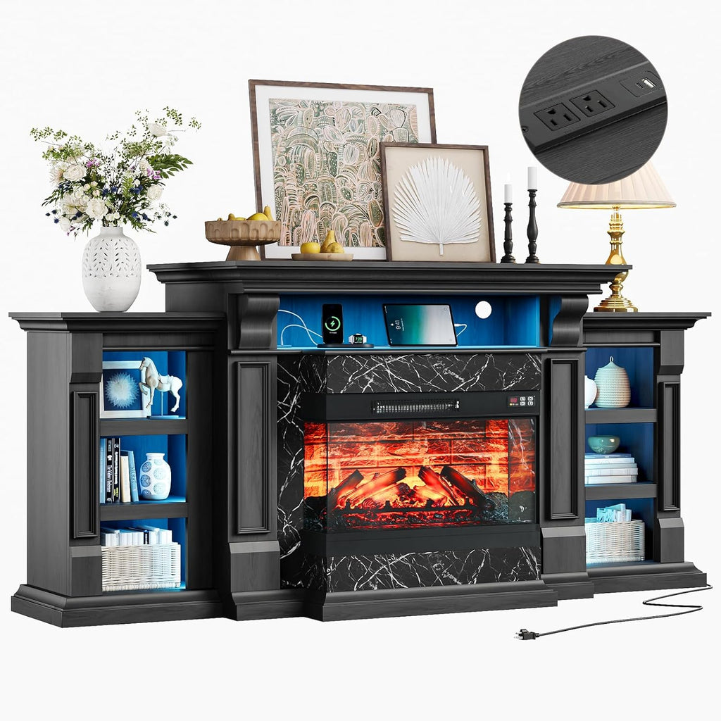 LED Electric Fireplace TV Stand with Outlet, 72'' Fireplace Mantel for TVs up to 80''