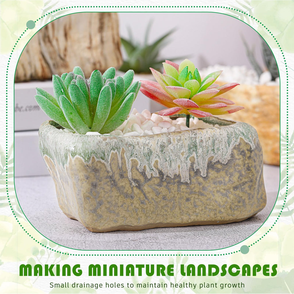 6 Pcs 5.3 Inch Ceramic Succulent Pots Stone Shape Bulk Rectangle Window Box Cactus Plant with Drainage Hole Succulent
