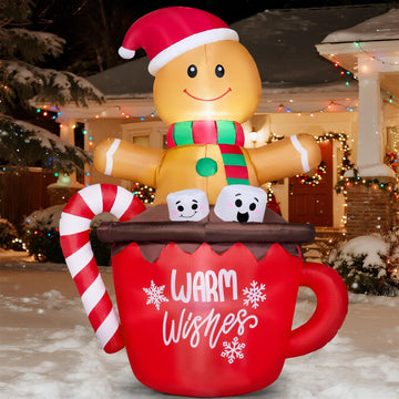 6 FT Christmas Inflatables Gingerbread Outdoor Decorations, Gingerbread Man in Hot Cocoa Mug with LEDs, Cute