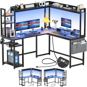 L Shaped Desk Gaming Desk with Power Outlet & LED Light & Monitor | Black 57" Reversible Home Office Desk, Corner