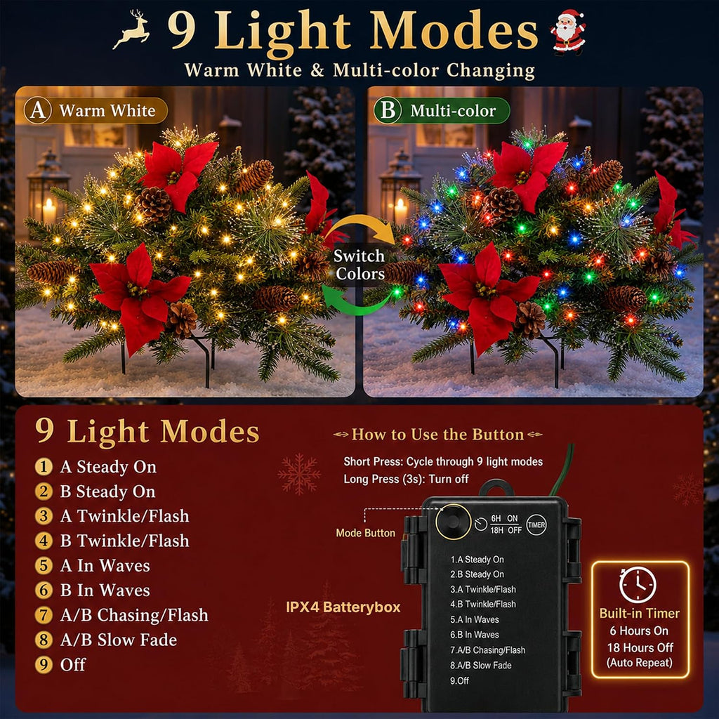 Christmas Tree Urn Filler, Battery Operated with Timer, Pre-lit Dual-Color Changing LED Lights, 2 Pack 24 Inch