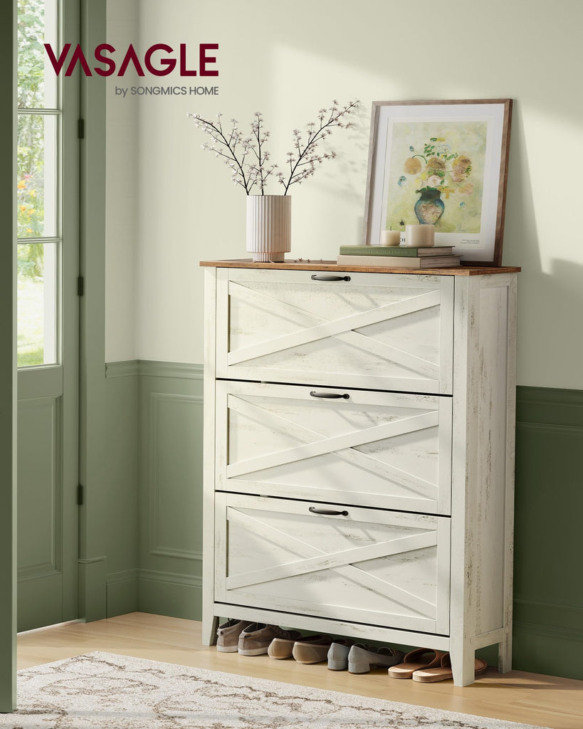 Farmhouse Shoe Cabinet, Narrow Storage Organizer, 3 Flip Drawers