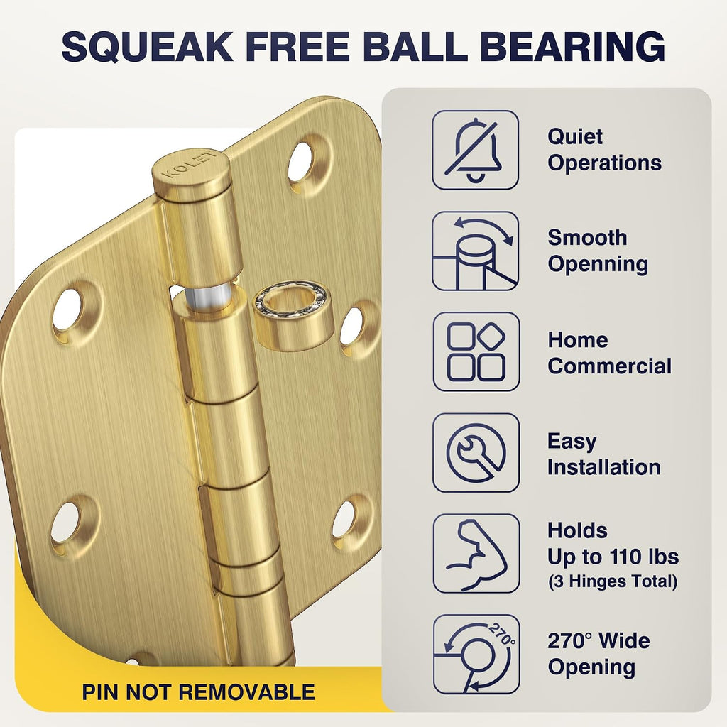 Ball Bearing Gold Door Hinges, 3.5 Inches Heavy Duty Stainless Steel Door Hinges, 5/8'' Radius Corner Hinges