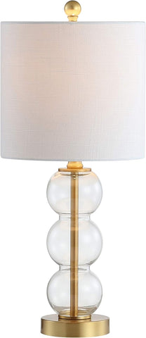 21" Clear/Brass Gold Glass Table Lamp and Living Room, White Linen Shade, Modern Stacked Sphere Beds