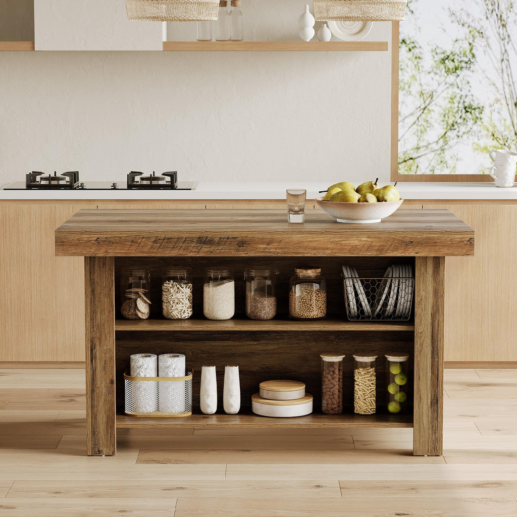 55 Inches Kitchen Island with Storage, 3-Tier Farmhouse Wooden Stationary Island Table with Large Worktop & Leg Room