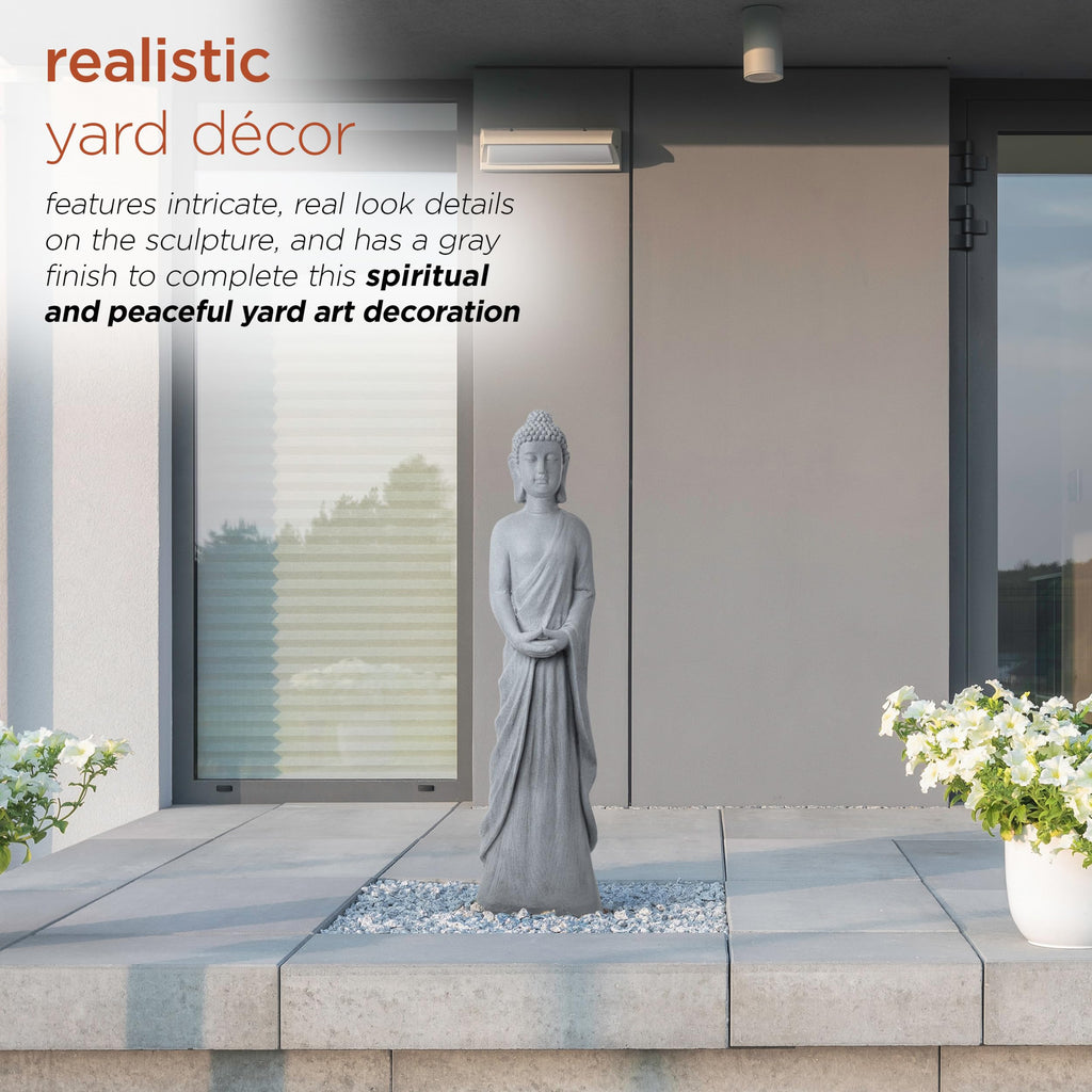 32" Tall Cement Standing Buddha Outdoor Garden Statue, Gray