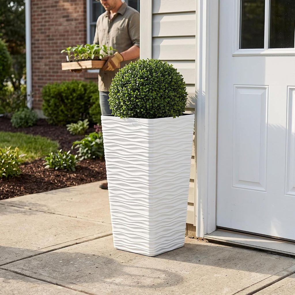 22" Tall Planters Set of 2 - White Square Plant Pots with Drainage Hole - Modern Large Tapered Matte Wavy Tree Flower