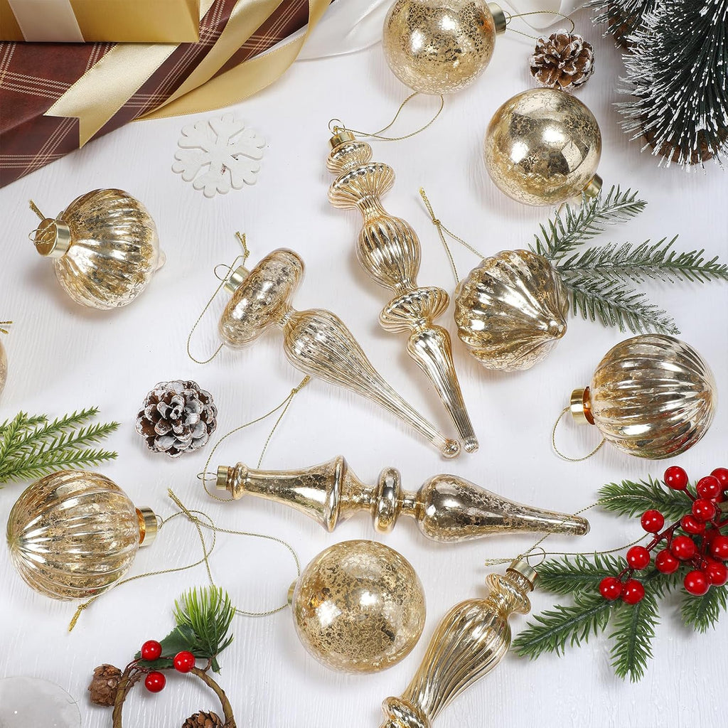12 Pcs Mercury Glass Christmas Ornaments,Gold,Mixed Shapes