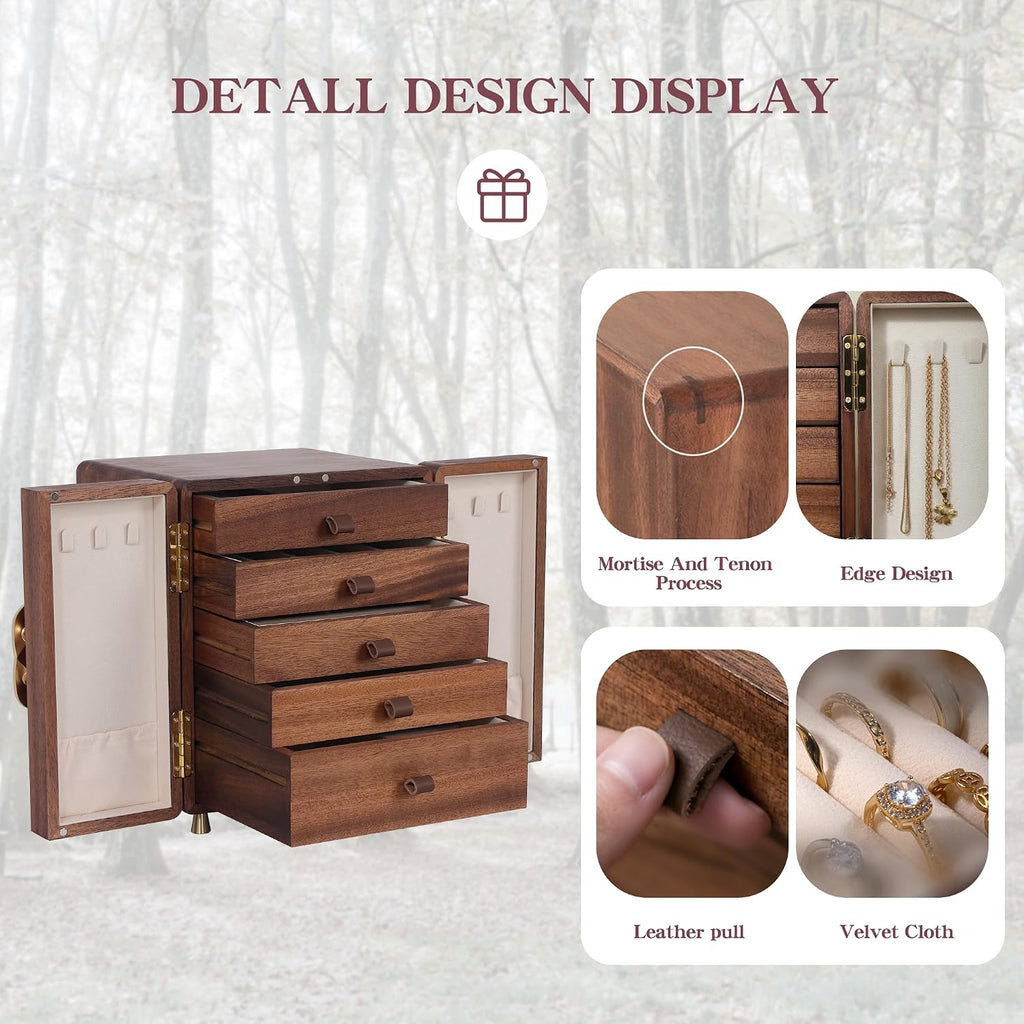 Wooden Jewelry Box for Women Girls, Large Walnut Wood Organizer