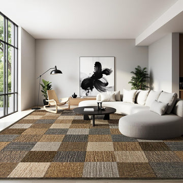 Checkered 8x10 Living Room Area Rugs, Brown Beige Light Gray