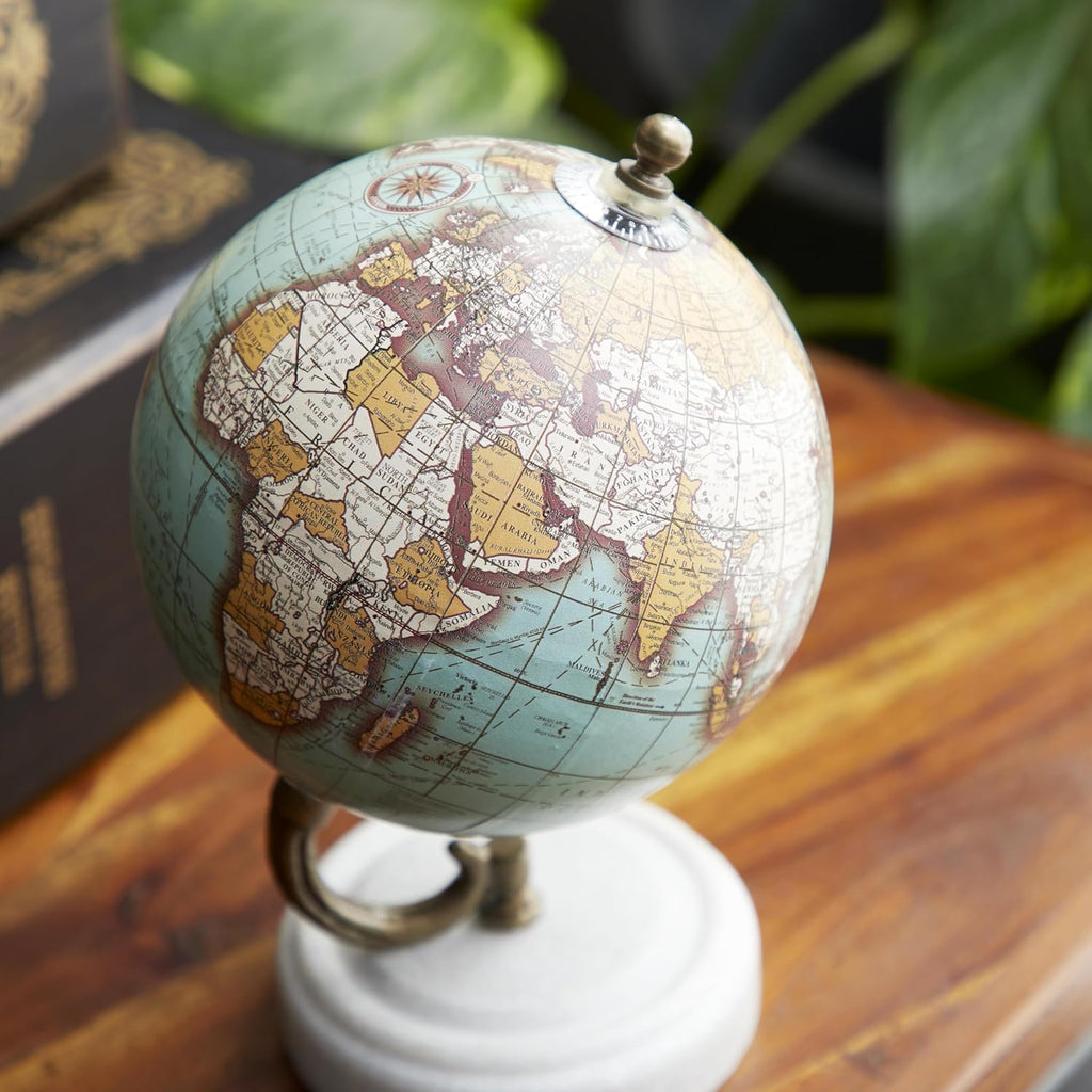 Marble World Map Globe, Globe 5" x 5" x 8", Teal